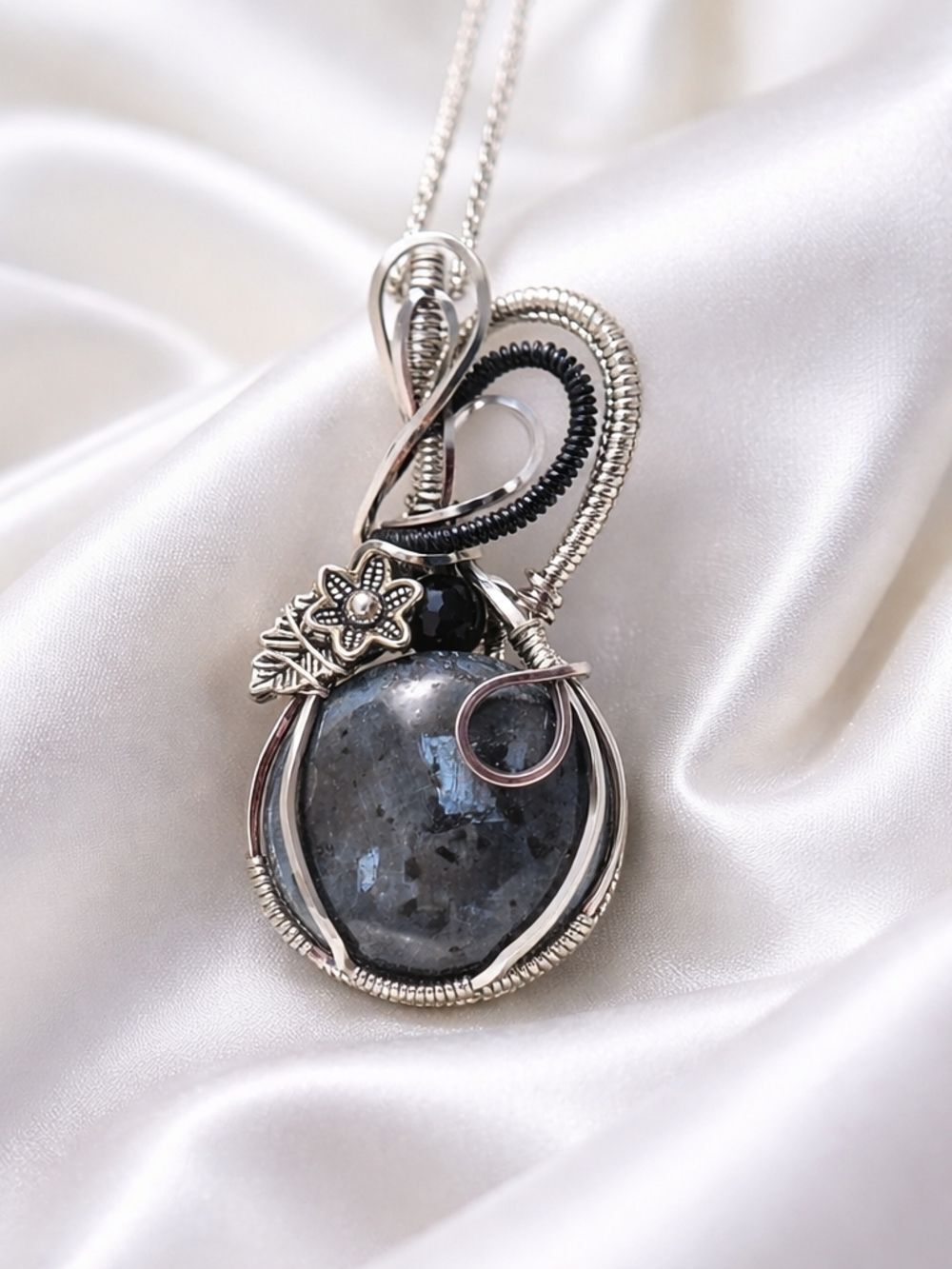 Handcrafted Larvikite Pendant Necklace in Gray and Black